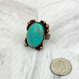 RZ231205-116               Copper metal with blue turquoise oval stone adjustable Ring