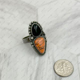 RZ231205-121           Silver metal with black and orange turquoise stone adjustable Ring