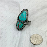 RZ231205-121           Silver metal with black and orange turquoise stone adjustable Ring