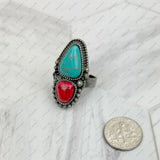 RZ231205-121           Silver metal with black and orange turquoise stone adjustable Ring