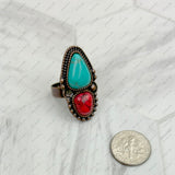 RZ231205-126                Copper metal with black and orange turquoise stone adjustable Ring