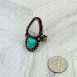 RZ231205-126                Copper metal with black and orange turquoise stone adjustable Ring