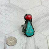 RZ231205-151           Silver metal with orange turquoise stone adjustable Ring