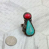 RZ231205-156                Copper metal with black and orange turquoise stone adjustable Ring