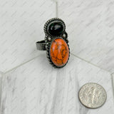 RZ231205-21                     Silver metal with black and orange turquoise stone adjustable Ring