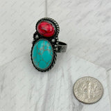RZ231205-21                     Silver metal with black and orange turquoise stone adjustable Ring