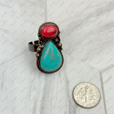 RZ231205-66           Copper metal with black and orange turquoise stone adjustable Ring