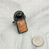 RZ231205-81           Silver metal with black and orange turquoise stone adjustable Ring