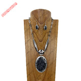 YNE3945BK              21‘’ Silver metal chain with large black oval stone pendent Necklace set