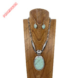 YNE3945GN             21‘’ Silver metal chain with large green oval stone pendent Necklace set