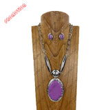 YNE3945PP                  21‘’ Silver metal chain with large purple oval stone pendent Necklace set