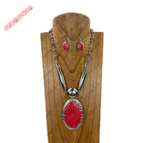 YNE3945RD                 21‘’ Silver metal chain with large red oval stone pendent Necklace set