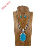 YNE3945TQ               21‘’ Silver metal chain with large turquoise oval stone pendent Necklace set
