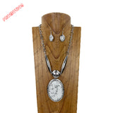 YNE3945WT              21‘’ Silver metal chain with large white oval stone pendent Necklace set