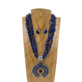 YNE4856BL           15'' three blue stone chips strings with large squash blossom Pendent Necklace