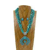 YNE4856TQ            15'' three turquoise stone chips strings with large squash blossom Pendent Necklace