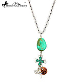 NKS160809-12  CRYSTAL KNOTTED, W/TQ NUGGETS AND CROSS CHARMS