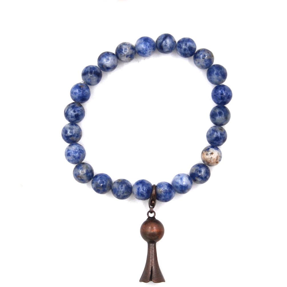 BR190522-07COP     Navy blue with white 8mm real stone bracelet with copper sqaush blossom charm