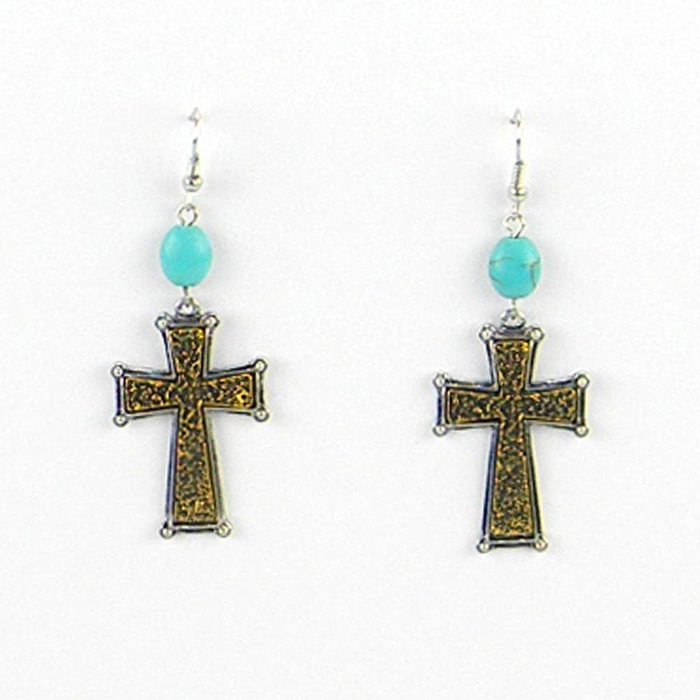 ER150101-07Antique GD  Antique Style Cross, TQ Beads on Top Earring