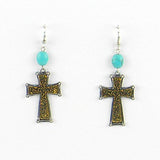 ER150101-07Antique GD  Antique Style Cross, TQ Beads on Top Earring