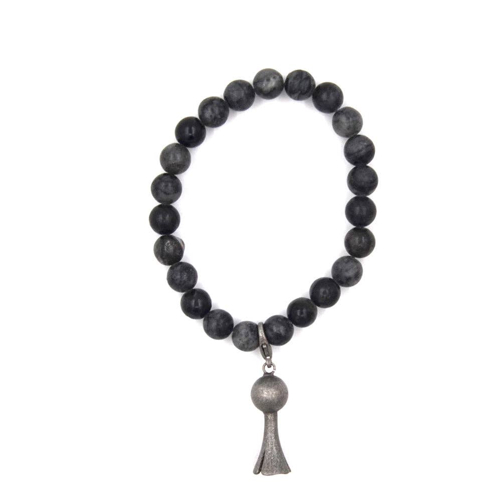 BR190522-01SLV    Black with grey 8mm real stone bracelet with silver squash blossom charm