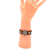 BR190325-09     Adjustable light brown leather cord bracelet with 1 in. silver round indian head in between blue-turquoise round beads