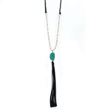 NK160101-04 BLK Freshwater Pearl Beads Black & White, Suede Cord Long Necklace With TQ Stone Nuggets &Tassel