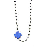 CKS160718-05  BLACK GLASS BEADS LINKED CHAIN W/BLUE STONE CROSS