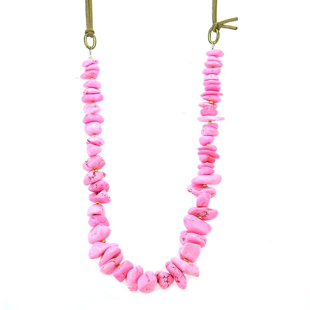 NKS170412-10    DRYED PINK TQ CHIPS, BEADS IN B/W, SUEDE CORD NECKLACE