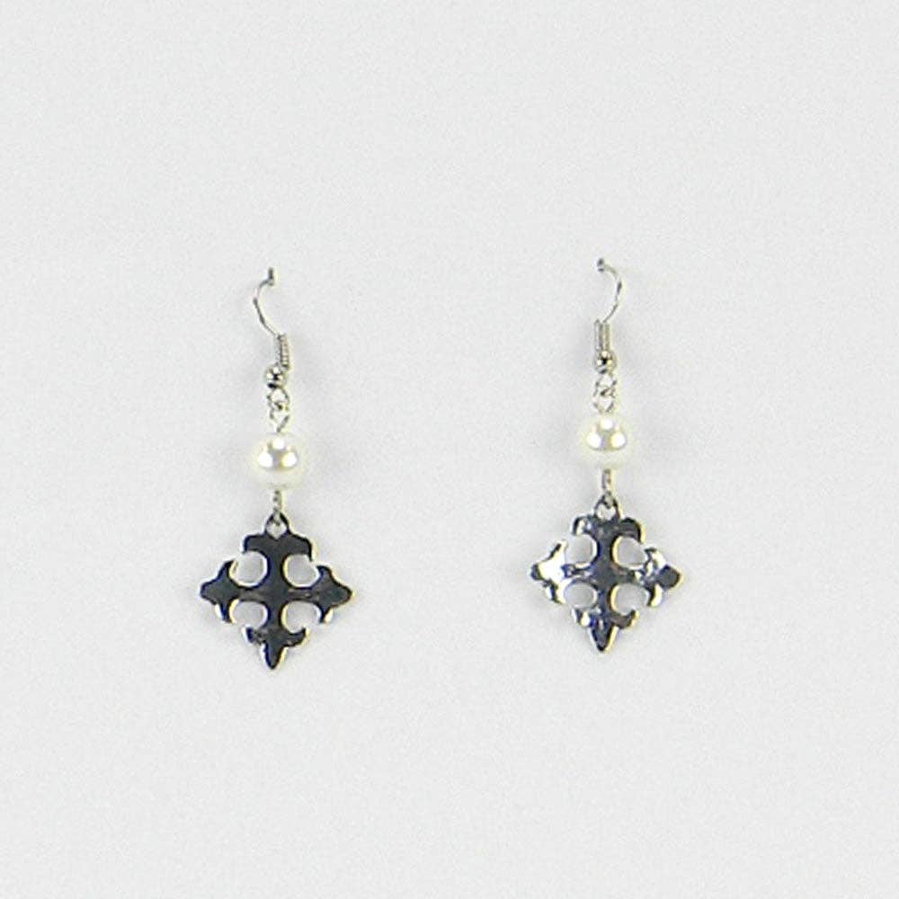 ERS150216-09 SLV  Vintage Cross Earring, With Glass Pearl Beads on Top