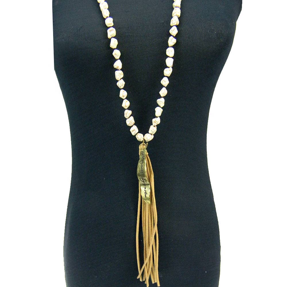 NKS160205-05WHT/LBRN  8mm Turquoise Nuggets Knotted Between Long Necklace With Feather, Tassel