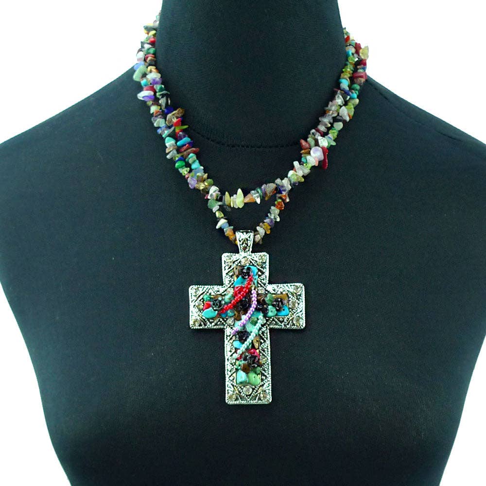 NKS160303-11  2-String Multi Color Chips Necklace With Cross PND
