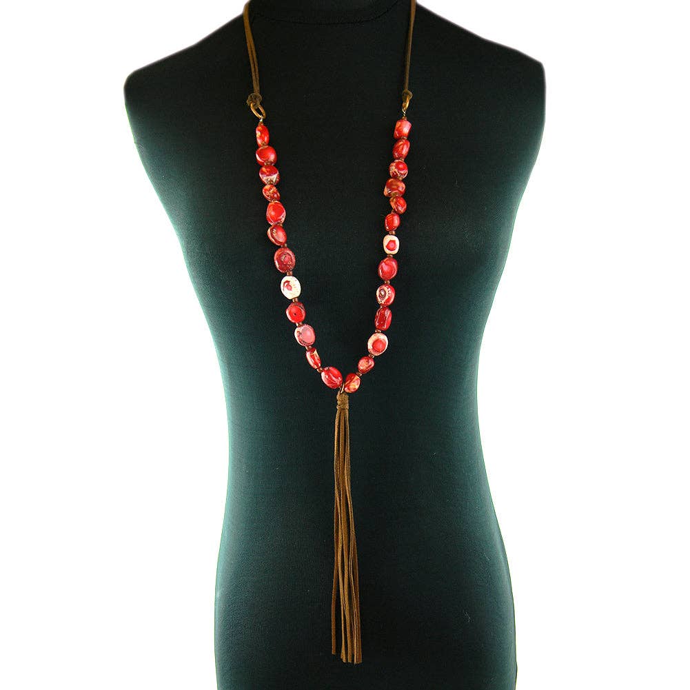 NKS170412-06  SMALL SIZE CORRAL W/BEADS IN B/W, SUEDE CORD NECKLACE W/TASSEL