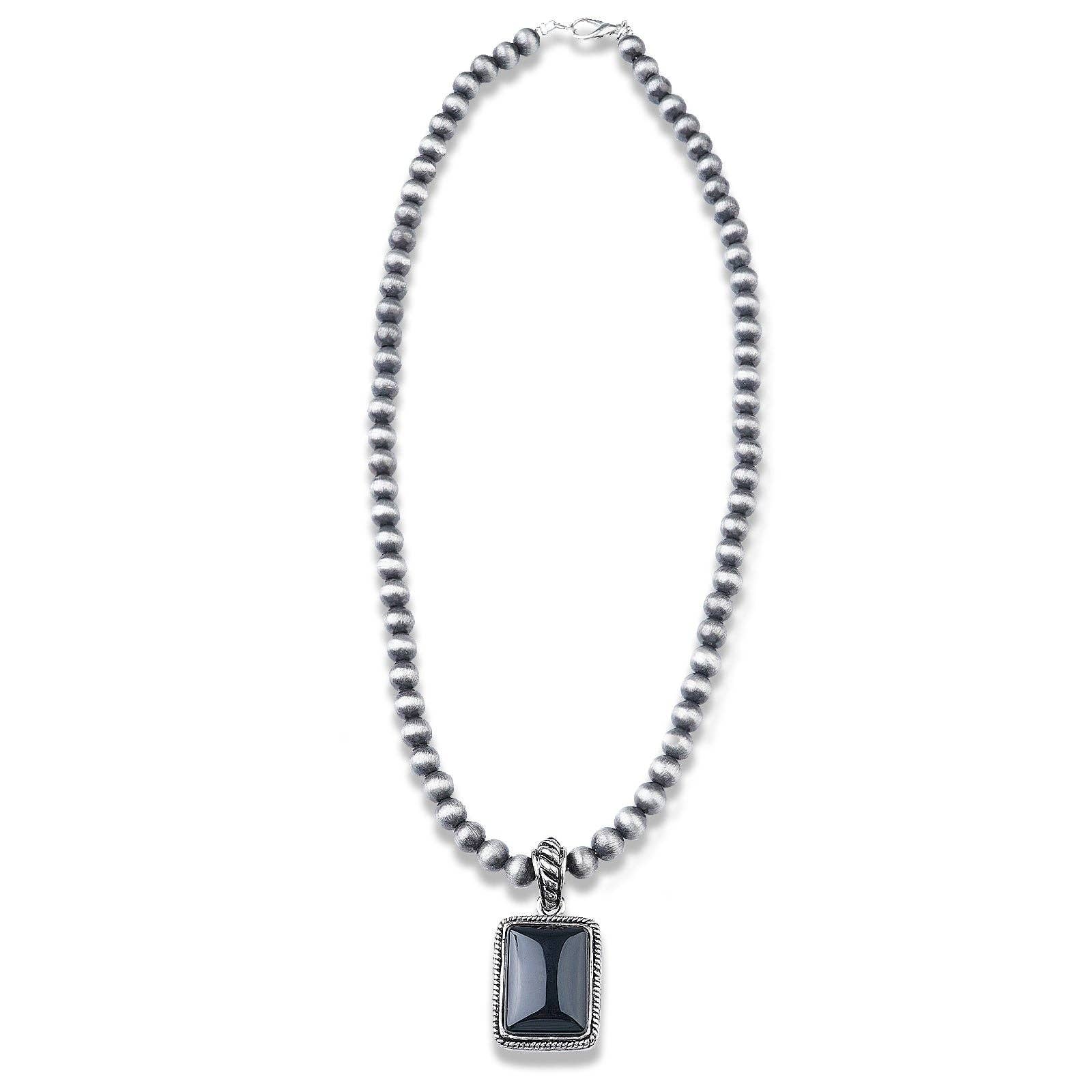 NK070112-06 Silver Beads With Black Rhinestone Rectangle Shape Pendant Necklace
