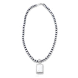 NK070112-06 Silver Beads With White Rhinestone Rectangle Shape Pendant Necklace