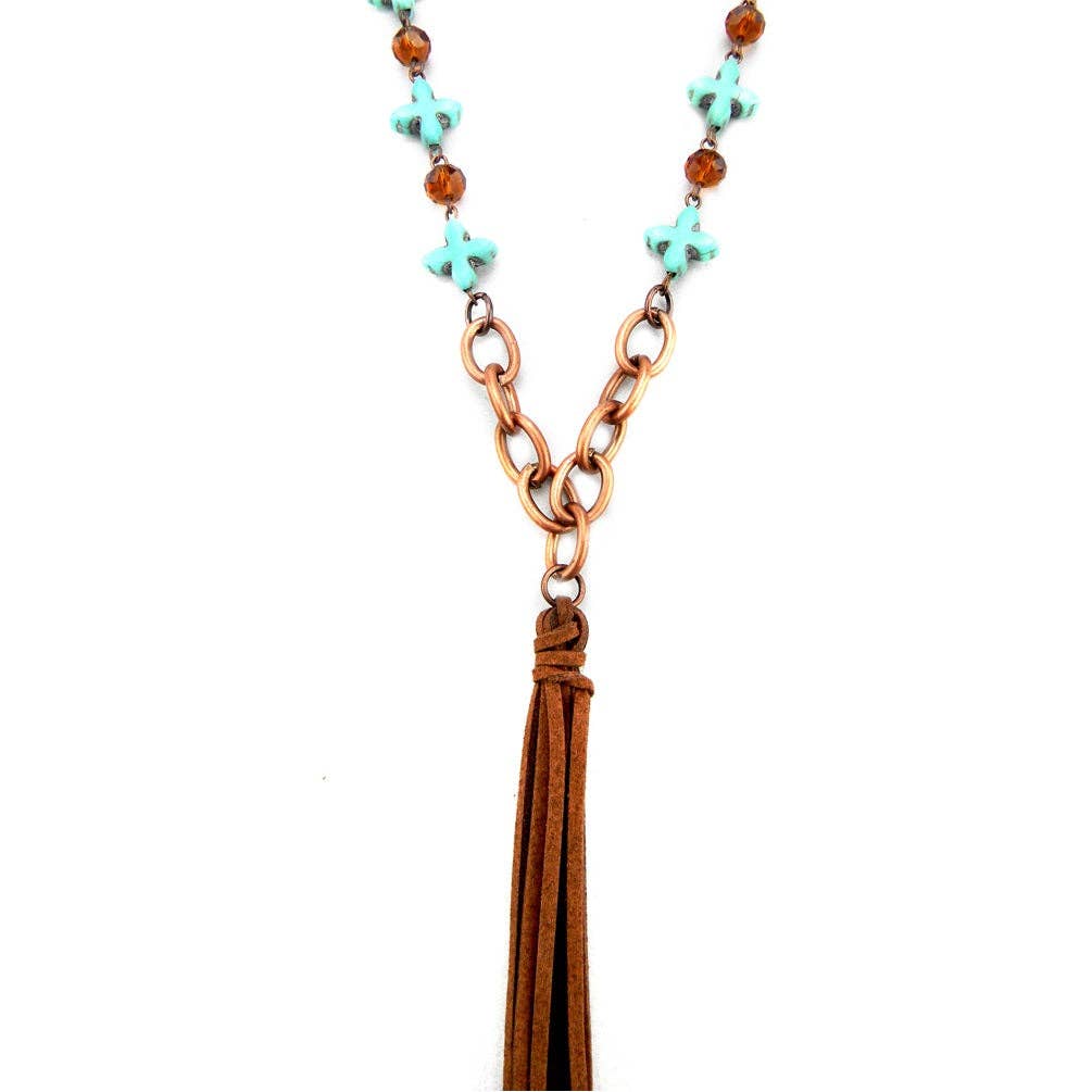 NK150103-02 CHAIN,BEADS LINKED W/SUEDE TASSEL