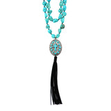 NKS161205-01 BLK  TWO STRNDS TQ NUGGETS W/CONCHO & TASSEL NECKLACE