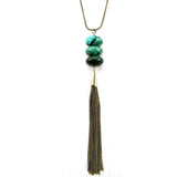 NKS160422-07BRASS LONG CHAIN W/THREE STONE LINKED & CHAIN TASSLE